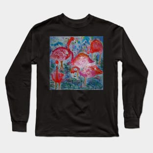 Colourful Flamingos wading in water Long Sleeve T-Shirt